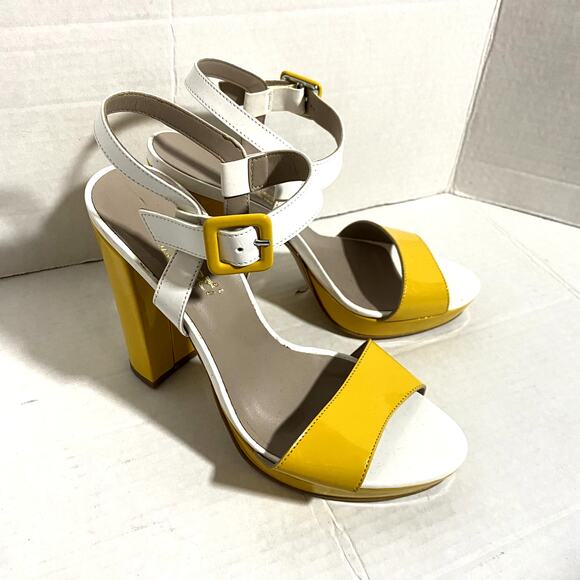 Galieti Patent Leather White Yellow Retro Pin Up Open Toe 5" Heels Sz 38 7.5 - Picture 1 of 9